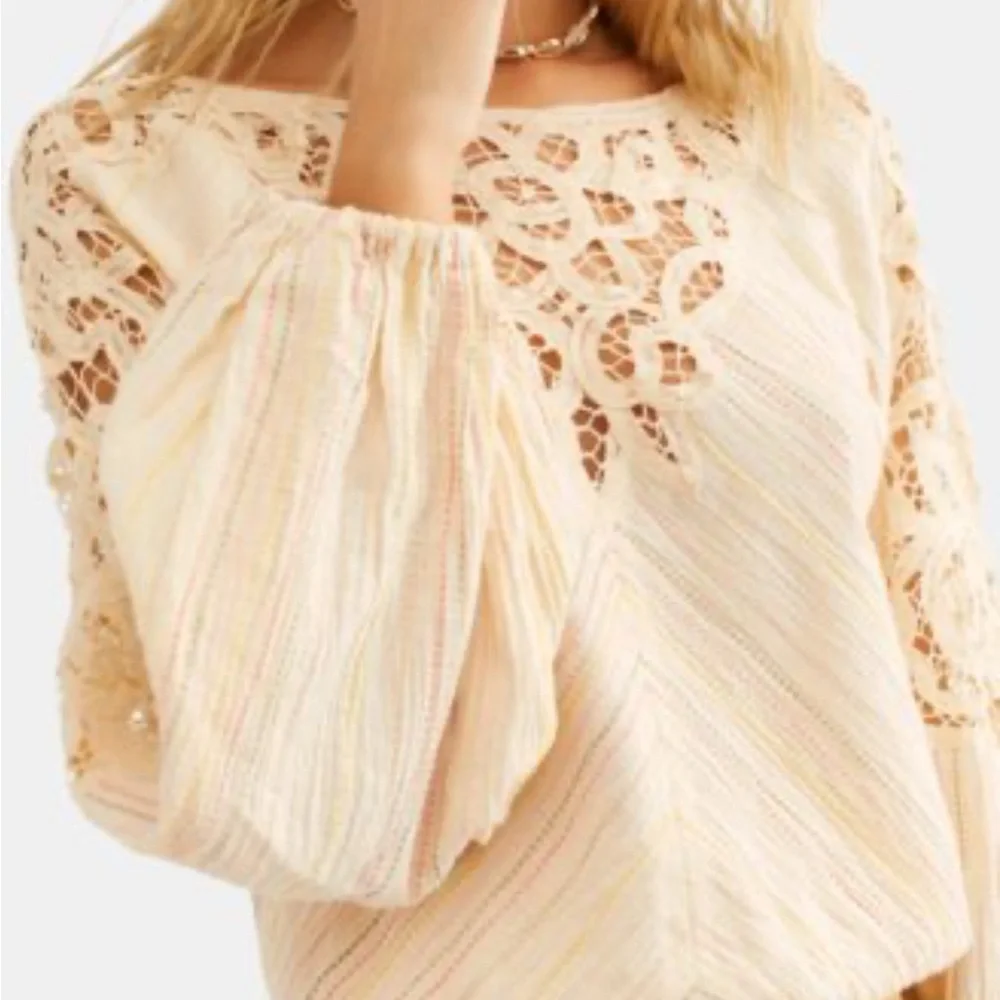 Free People Cream Lace & Striped Detail Peasant Top, XS